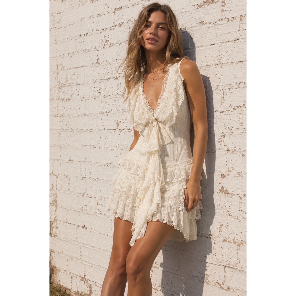 Vintage Siomai Lace Ruffle Knit Tunic Dress Fairycore Coquette BalletCore Medium